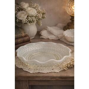 Vintage Anchor Hocking Clear and White Crimped Moonstone Hobnail Bowl